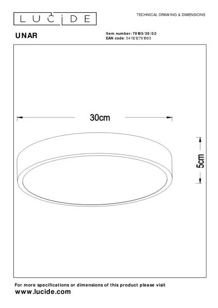 Lucide UNAR - Plafonnière - Ø 30 cm - LED Dimb. - 1x18W 2700K - 3 StepDim - Mat Goud / Messing - technisch